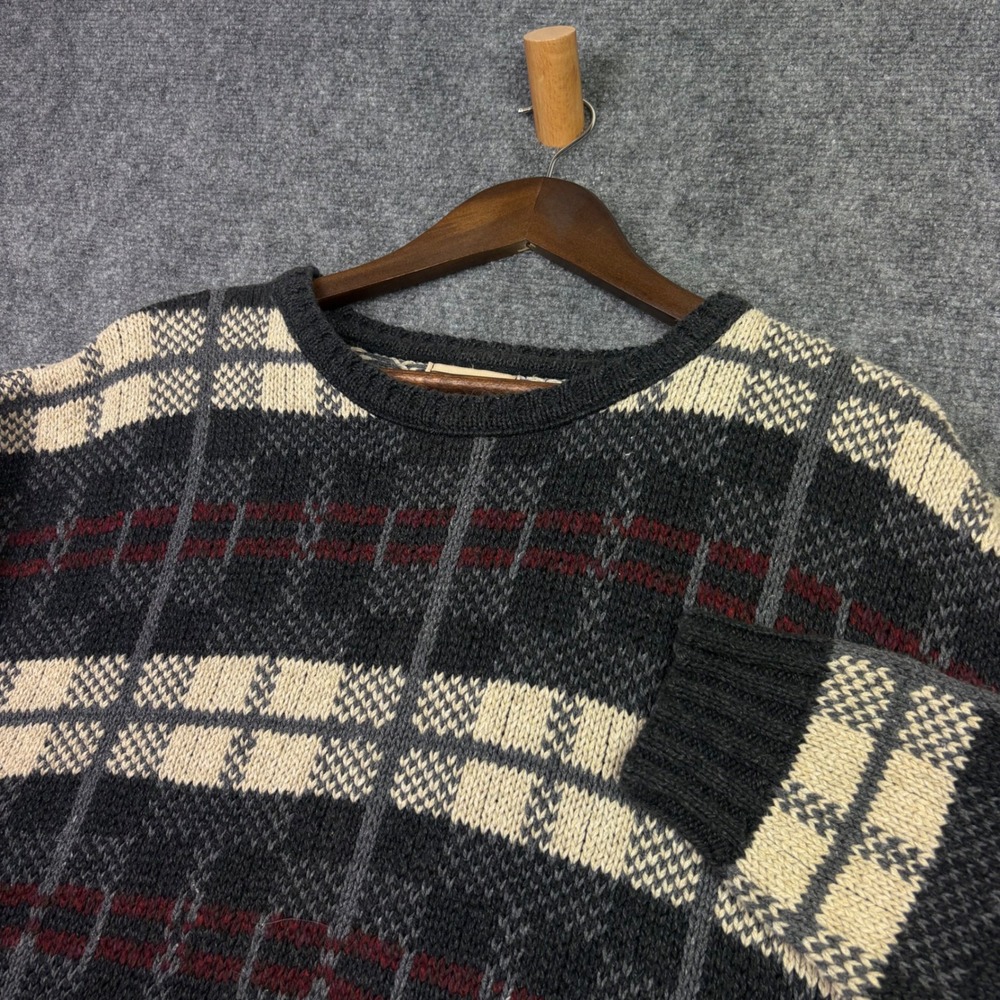Woolrich Sweater Mens L Gray Plaid Crewneck Knit USA Made Vintage Outdoor 0627